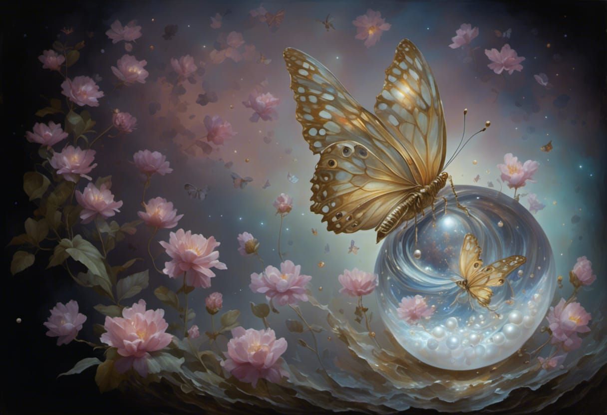 Butterfly and Pearl Floating on Night Sky