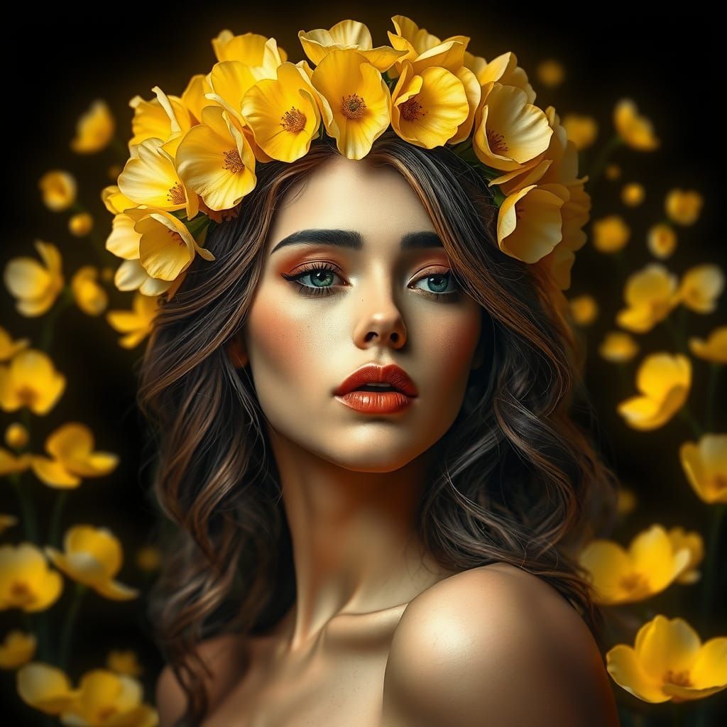 Ethereal Woman Adorned with Luminous Floral Crown in Art Nou...