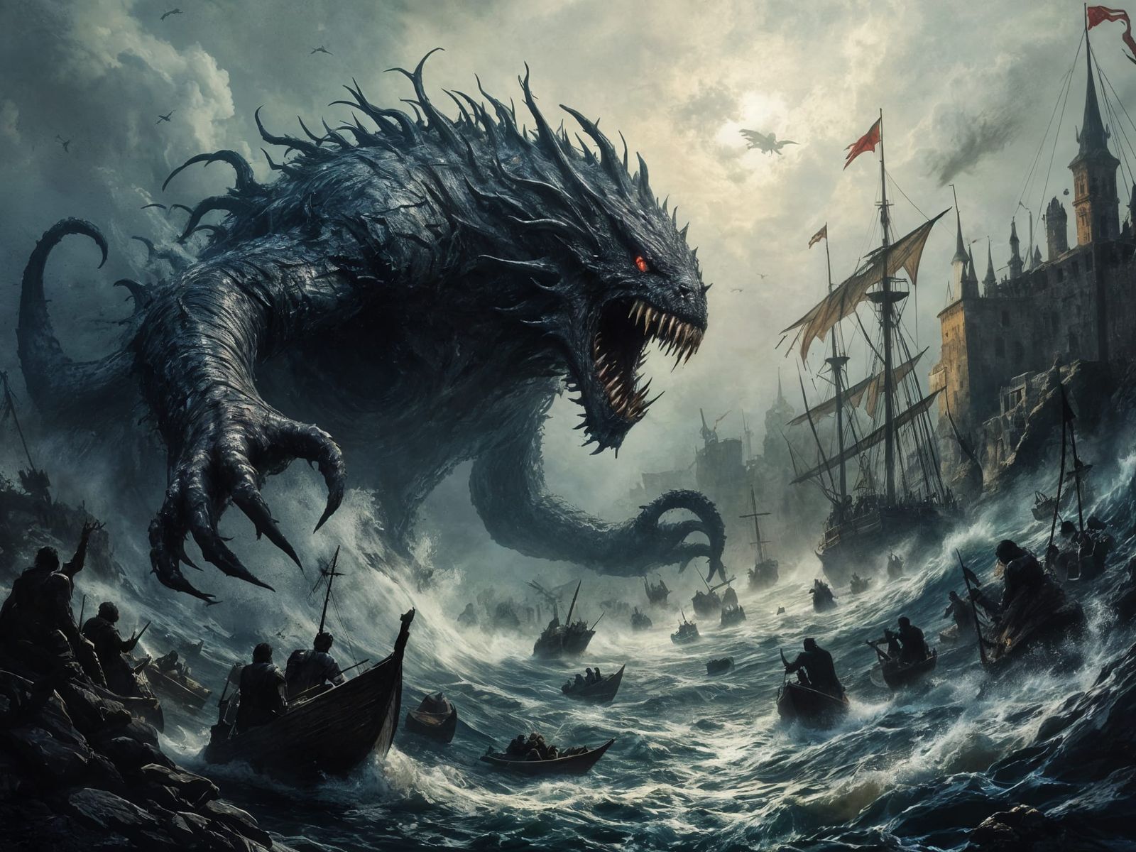 Monster Emerges from Harbor in Tenebrism Style