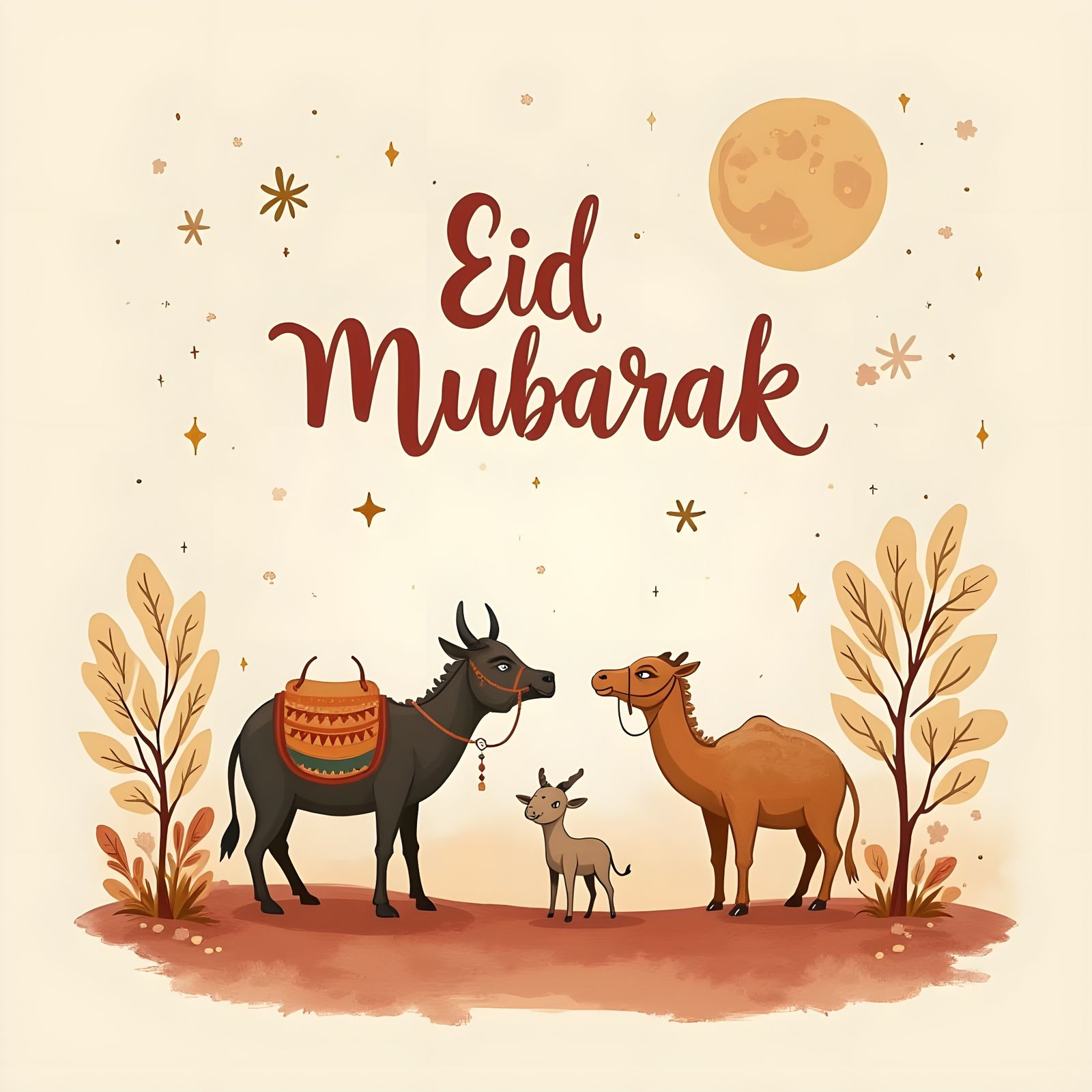 Eid Mubarak Greeting Card with Mosque and Animals