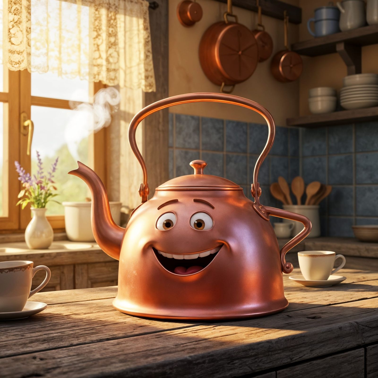 Joyful Copper Kettle in Cozy Cottage Kitchen