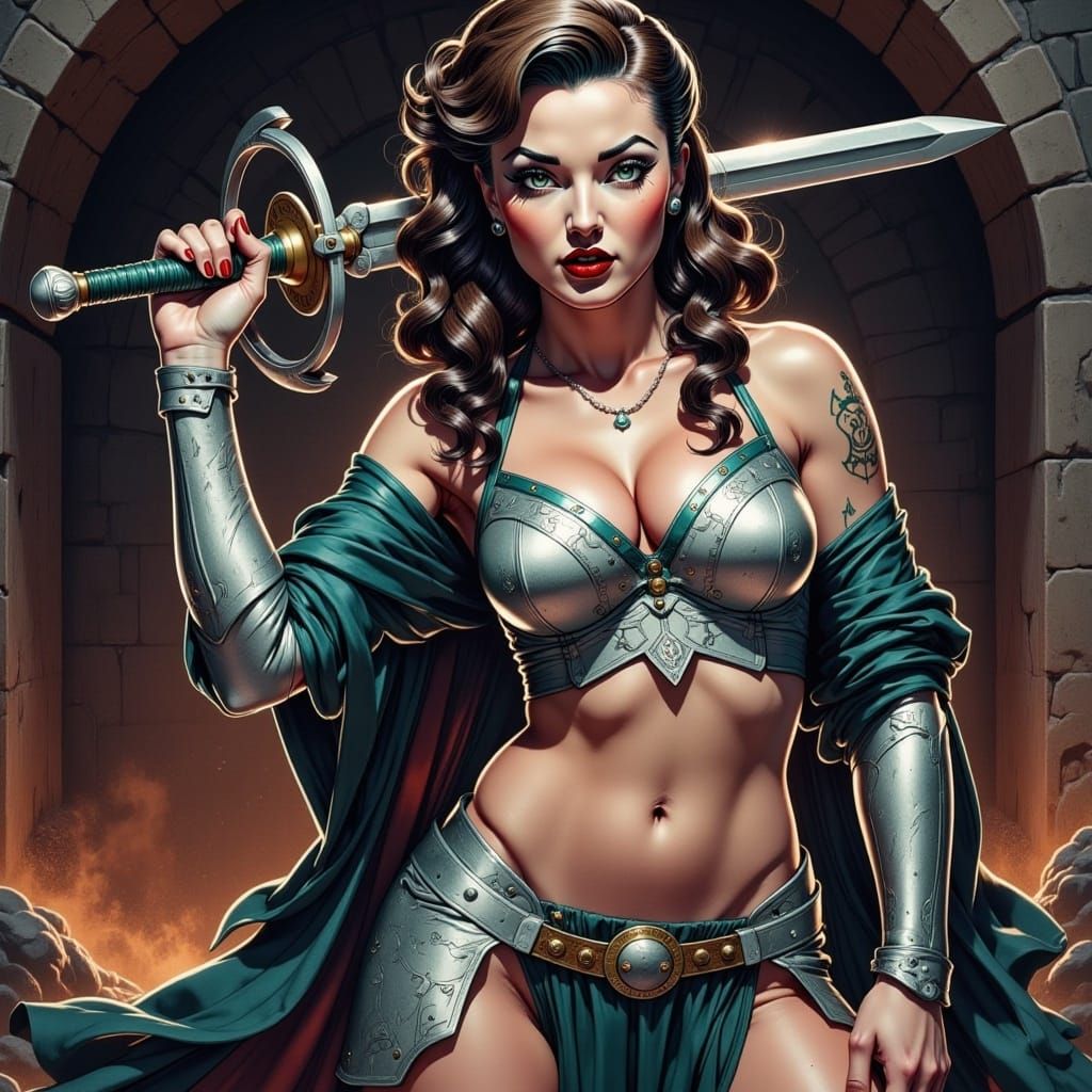 Fierce Warrior Woman Guards Dungeon Entrance in Anime Style