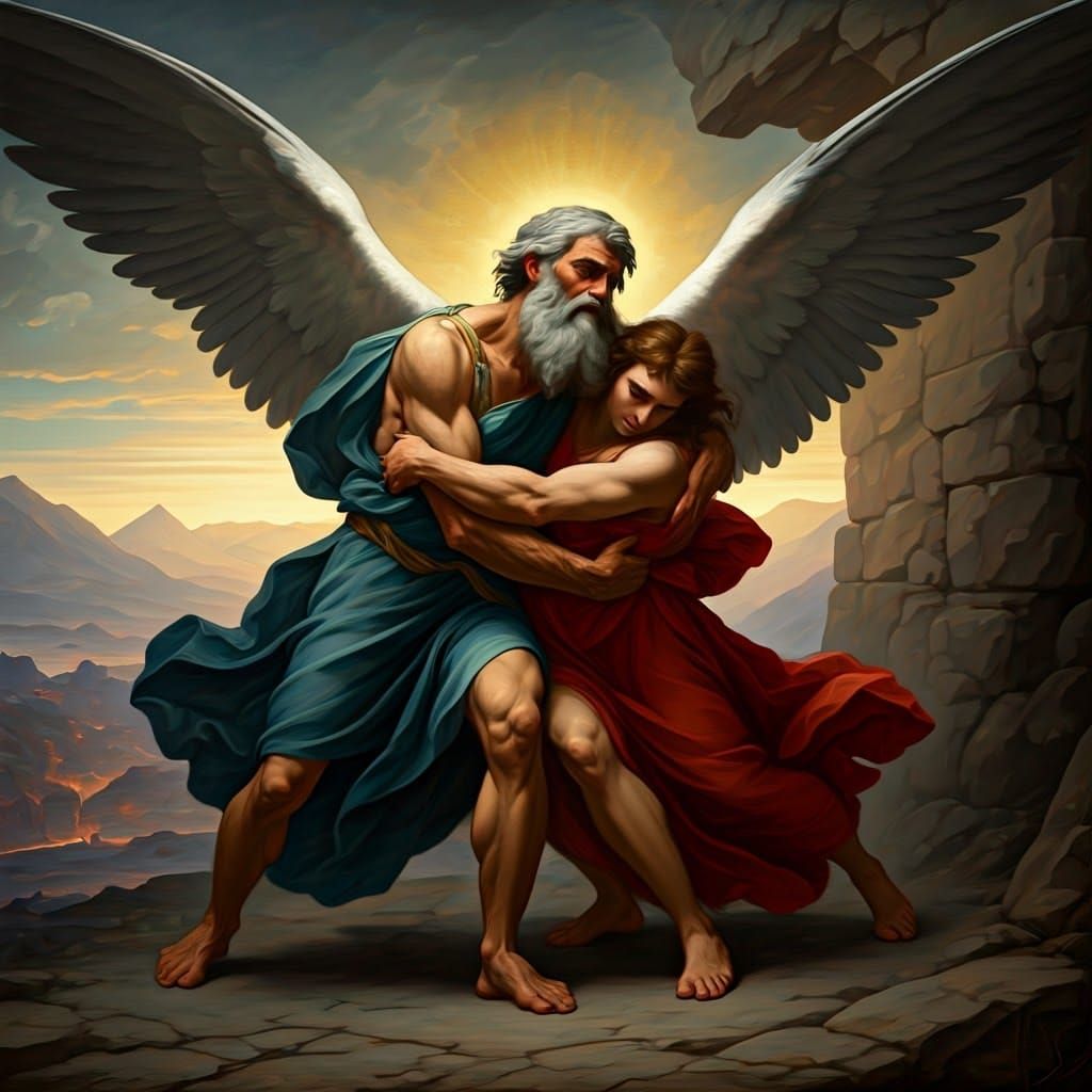 The figure of Jacob wrestling with the figure of an angel at Penuel