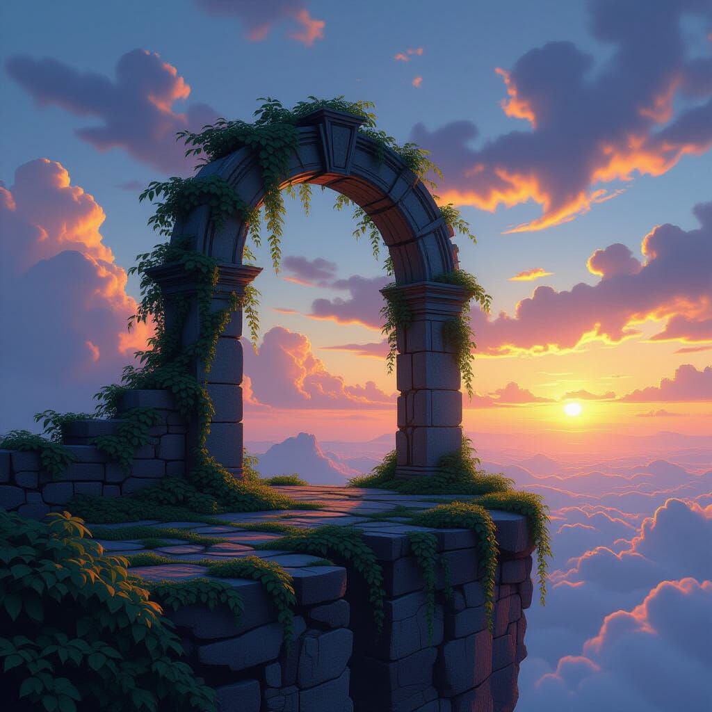 Ancient Stone Archway Framing Nebula on Cliff Edge