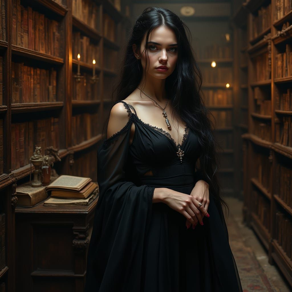 Balkan Vampire in Gothic Library with Chiaroscuro Lighting