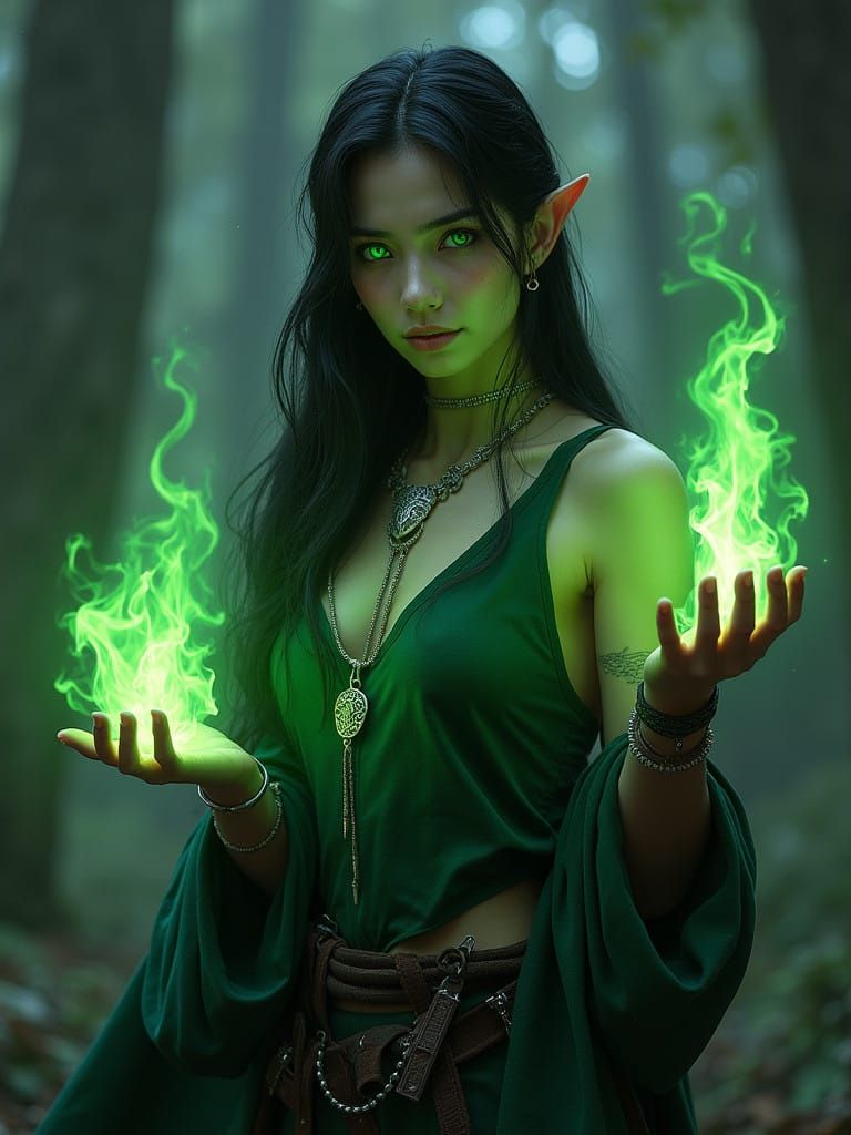 Enchanted Elf Sorceress Unleashes Magical Fury in Dark Fores...
