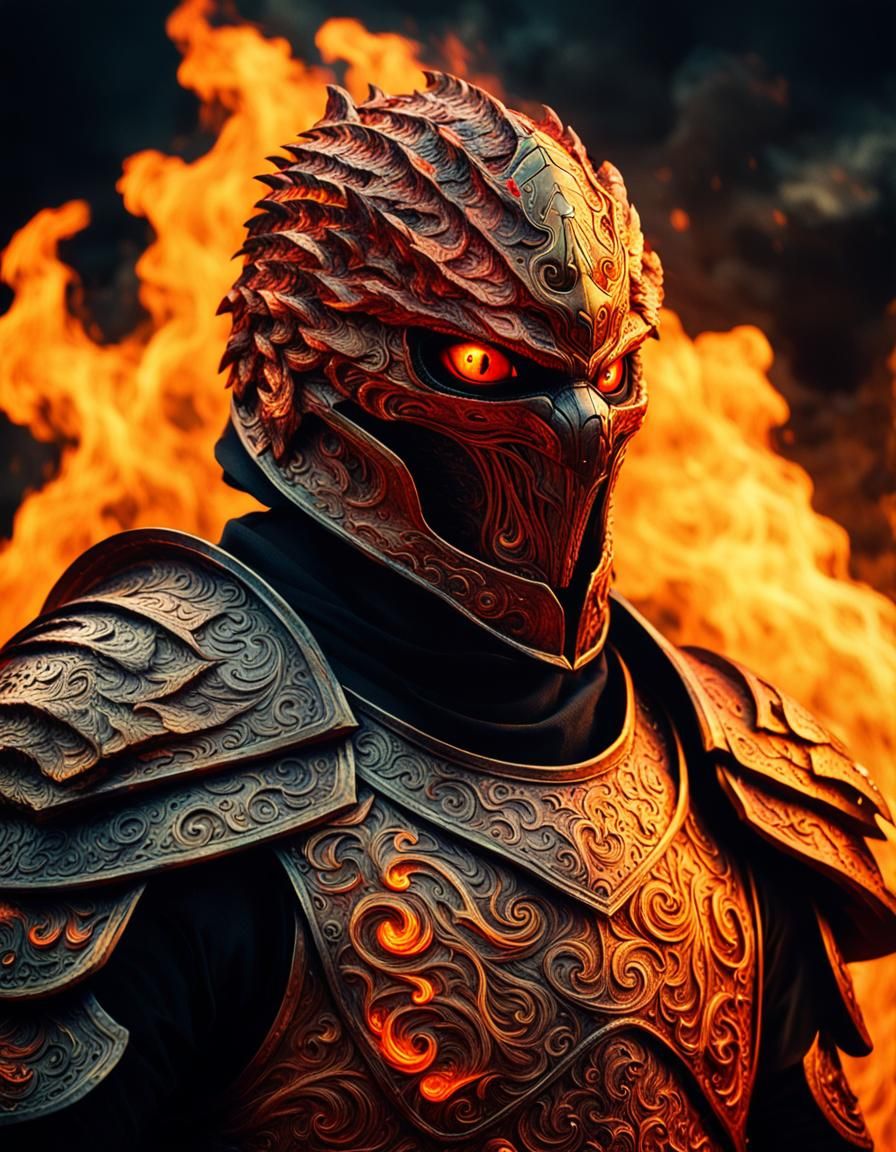 Fiery Knight with Embers Eyes in Cinematic Style
