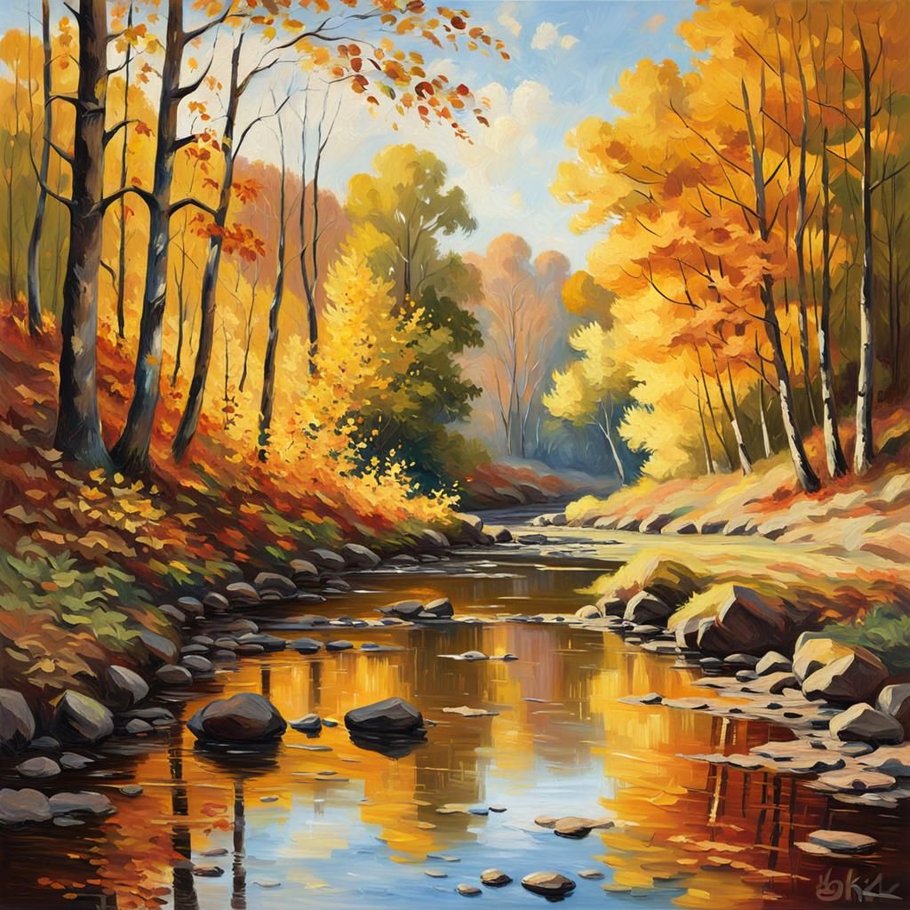 Impressionist Creek in Autumn Forest Landscape