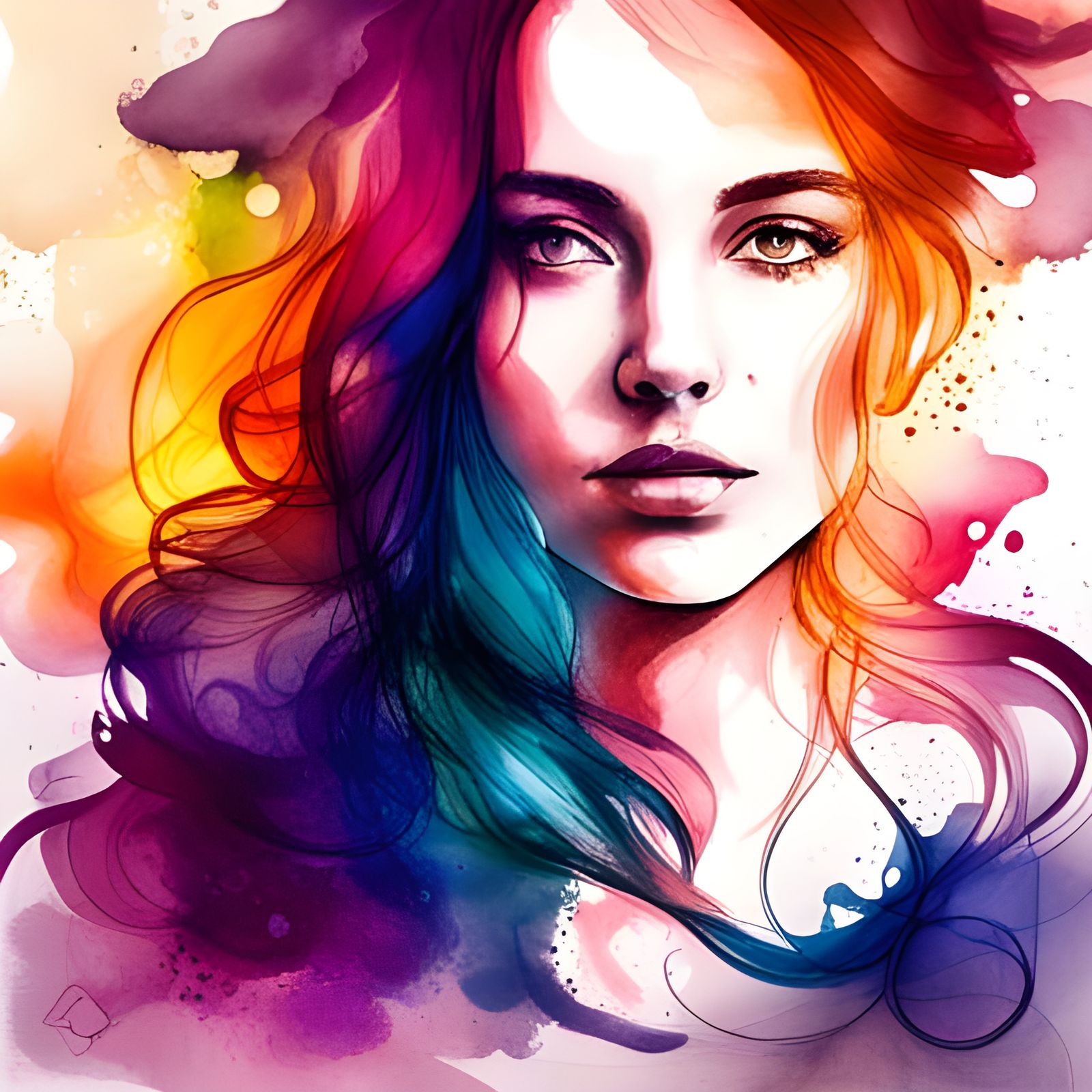 Dreamy Ink and Watercolor Portrait of a Woman