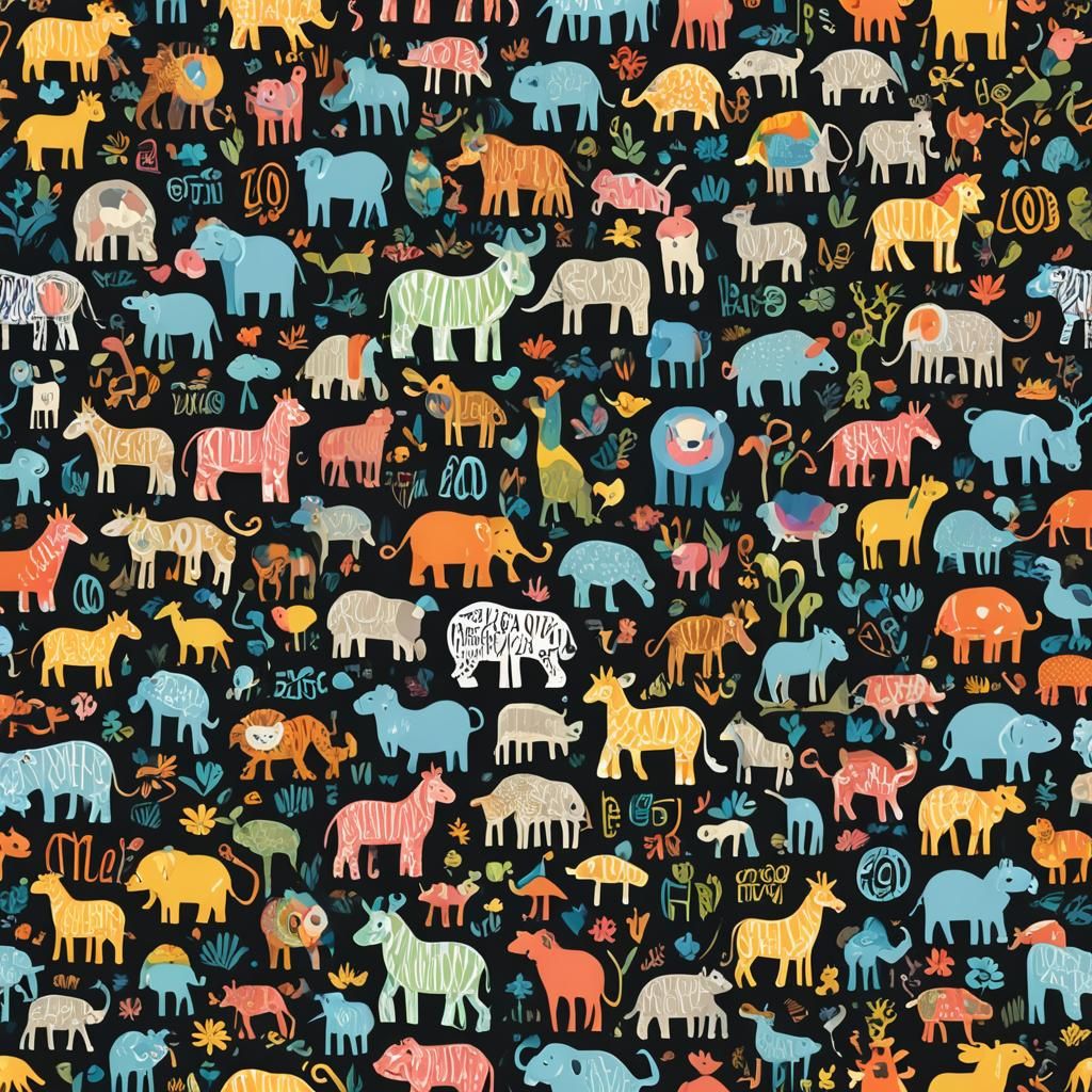 Colorful Typography Zoo Animals on Black Background