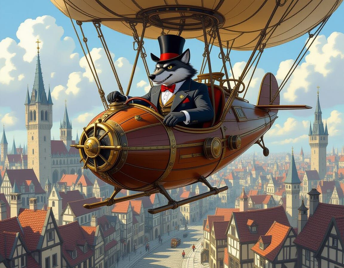 Steampunk Wolf Airship Adventure in Gothic City