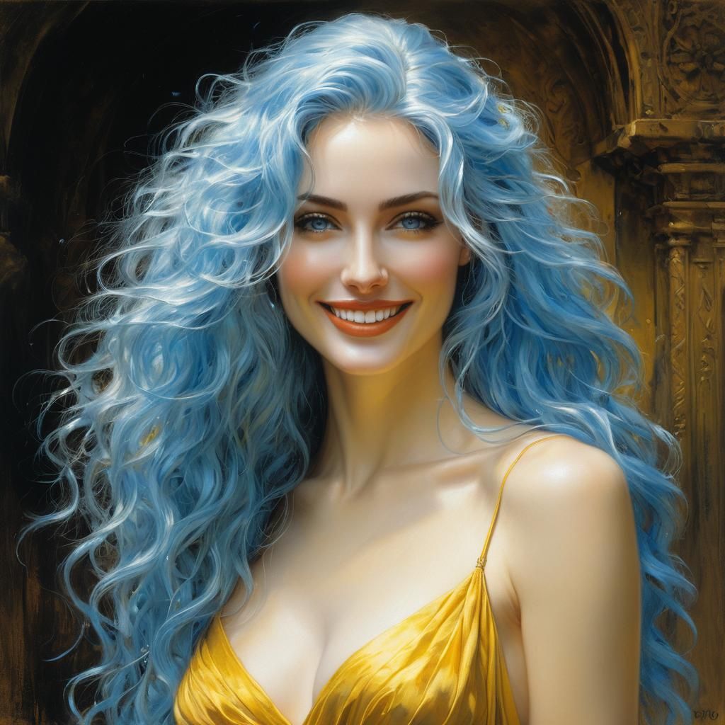 Radiant Blue-Haired Woman in Oil Painting Style