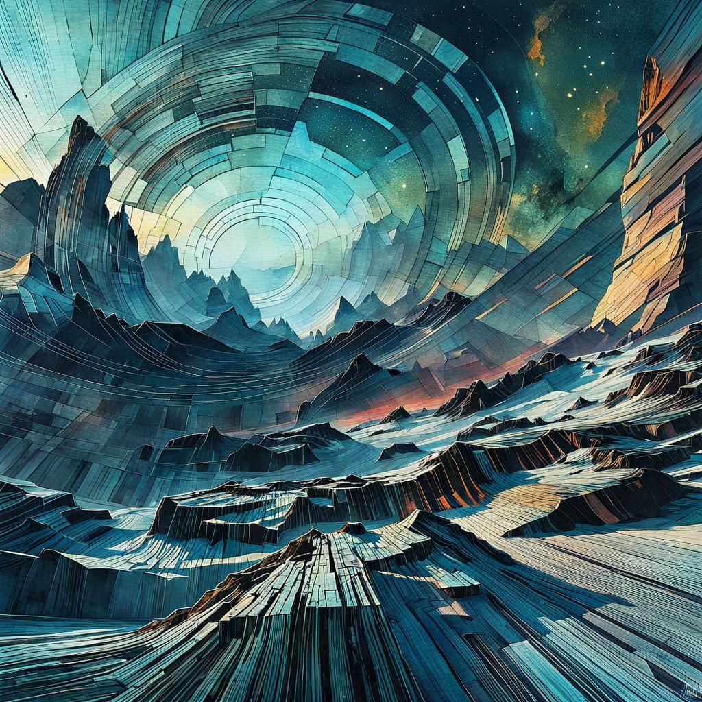 Geometric Sci-Fi Landscape with Watercolor Texture