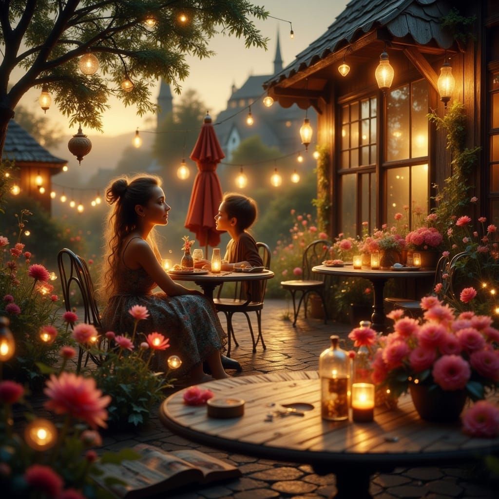 Greek Cafe Terrace Scene with Romantic Lighting