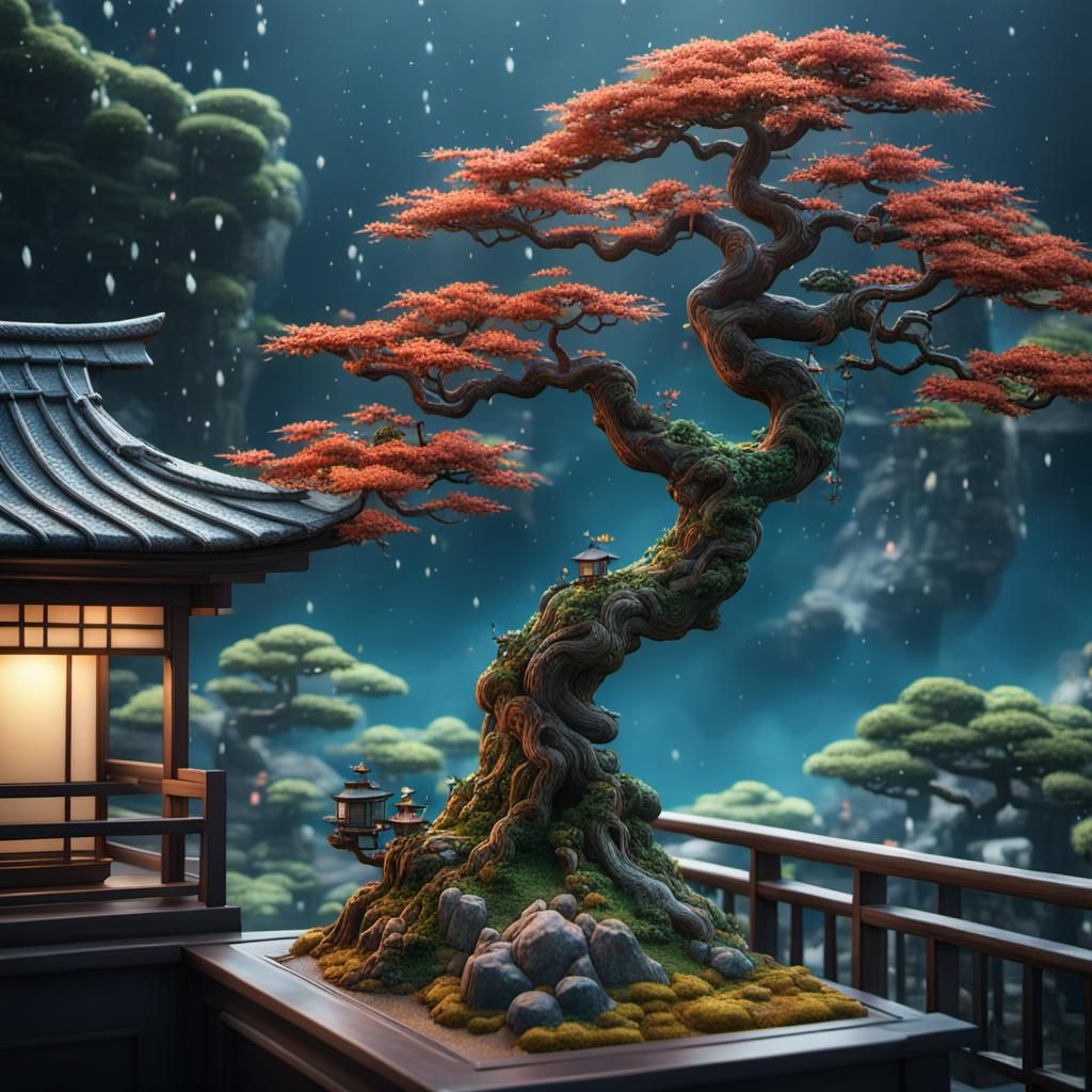 Bonsai Tree Miniature Garden: Detailed Matte Painting