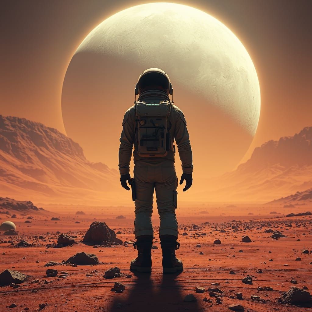 Futuristic Space Explorer on Barren Mars Landscape