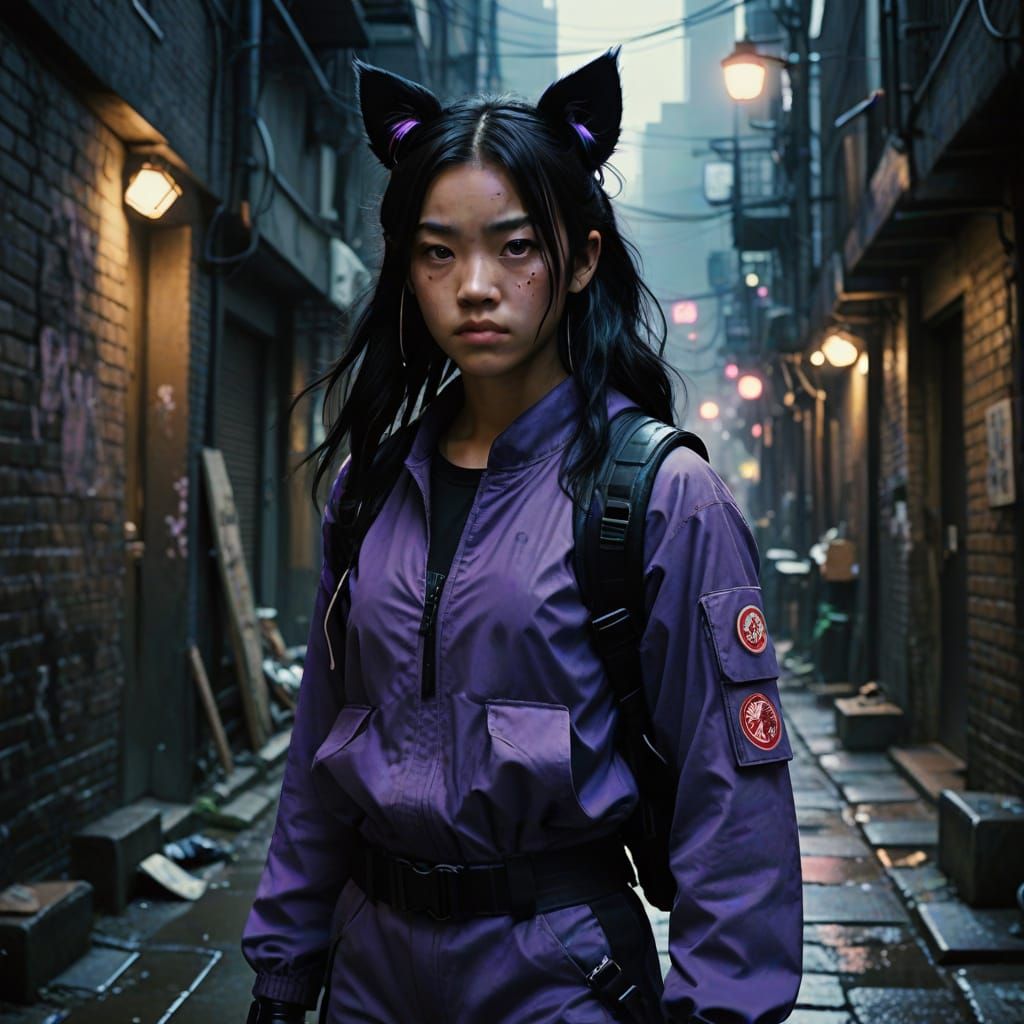 Japanese Vigilante in Cat Costume: Urban Alley Concept Art