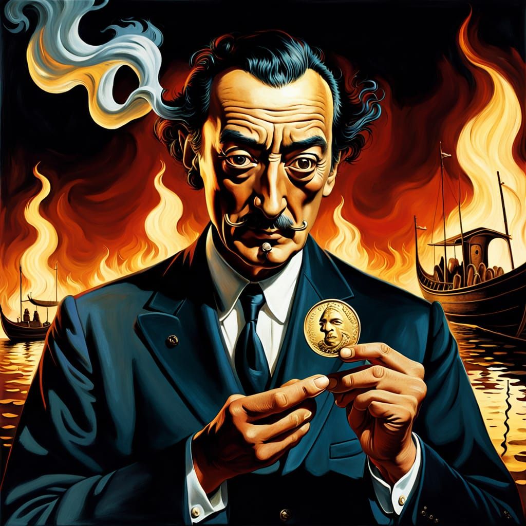 Lord of the Underworld Holding Coin, Surreal Oil Painting