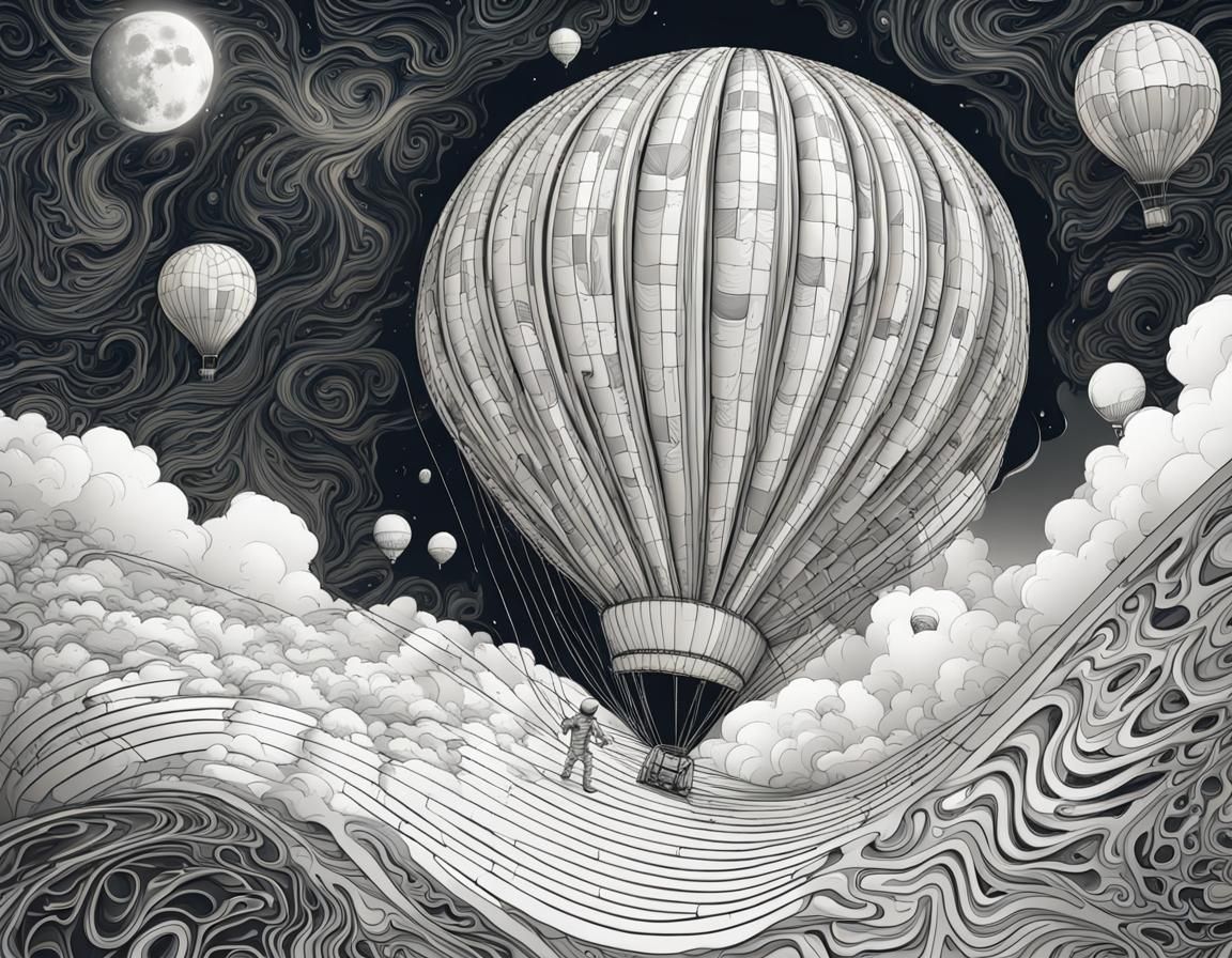 Surreal Scene: Moon Fall, Burning Balloon, Astronaut