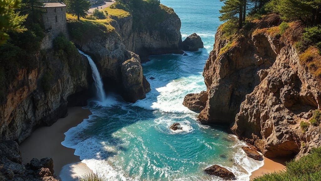 Epic Coastal Cove with Waterfall and Turquoise Ocean