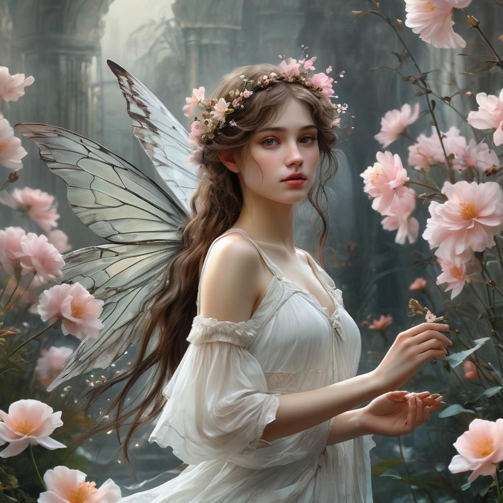 Fairy with Flower in Romantic Digital Painting