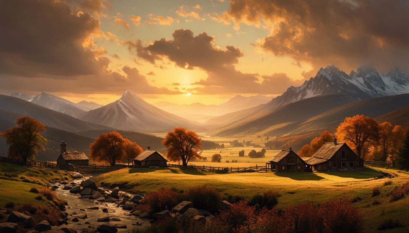 Farmhouse Landscape at Golden Hour: Fine Art Matte