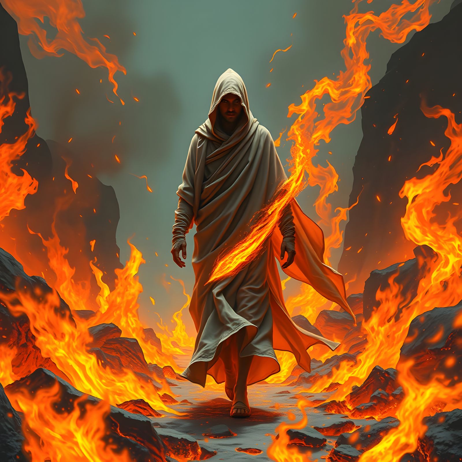 Figure Unharmed Walking Through Fire