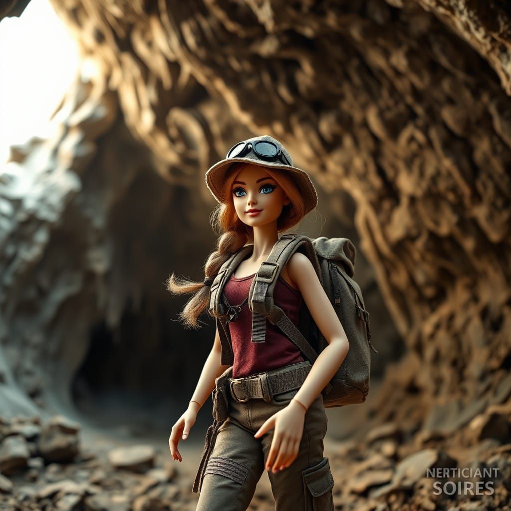 Barbie as Explorer in Mystical Cave, Hyperrealistic Style