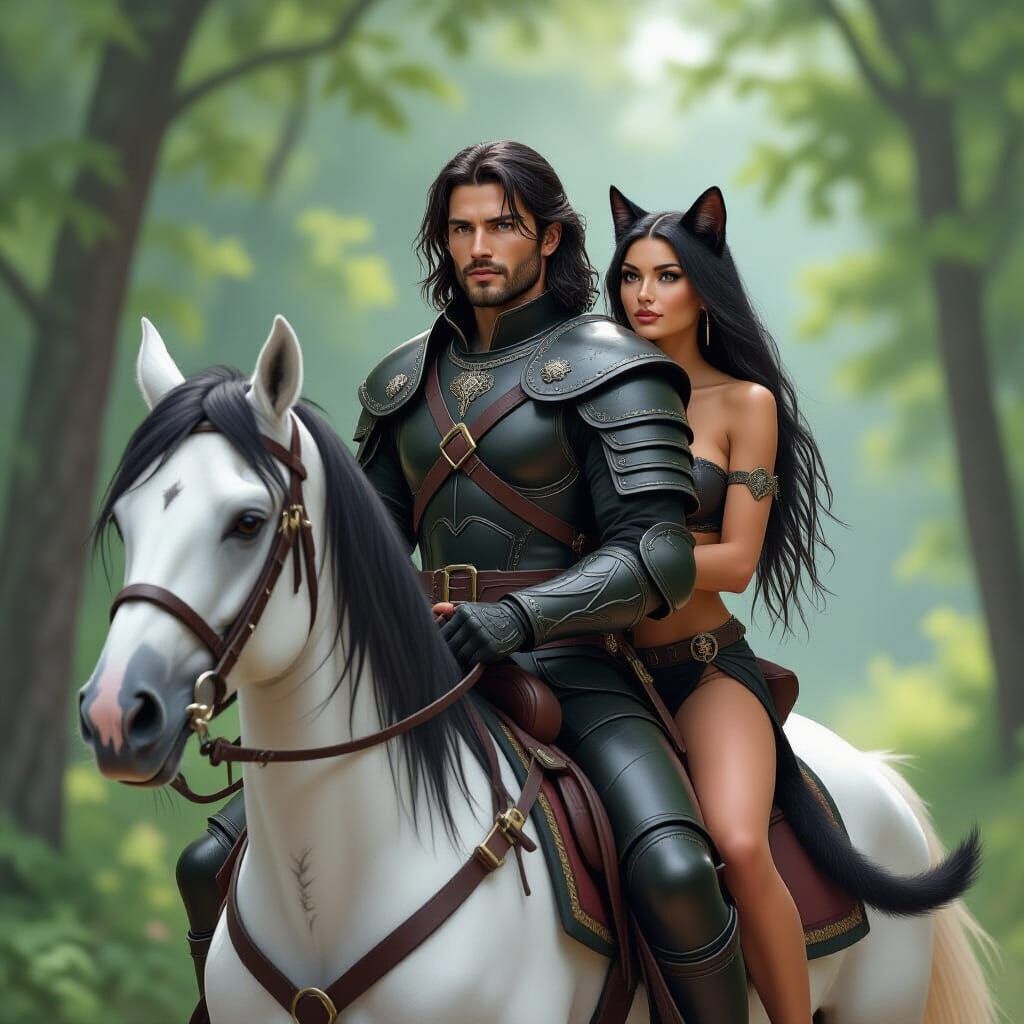 Medieval Rider and Catwoman in Summer Forest