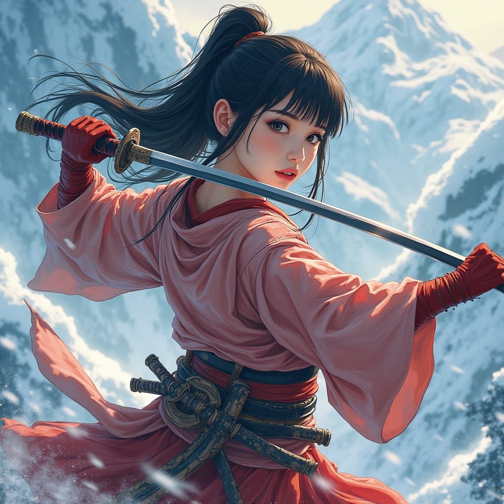 Anime Samurai Woman Battles in Snowy Mountains