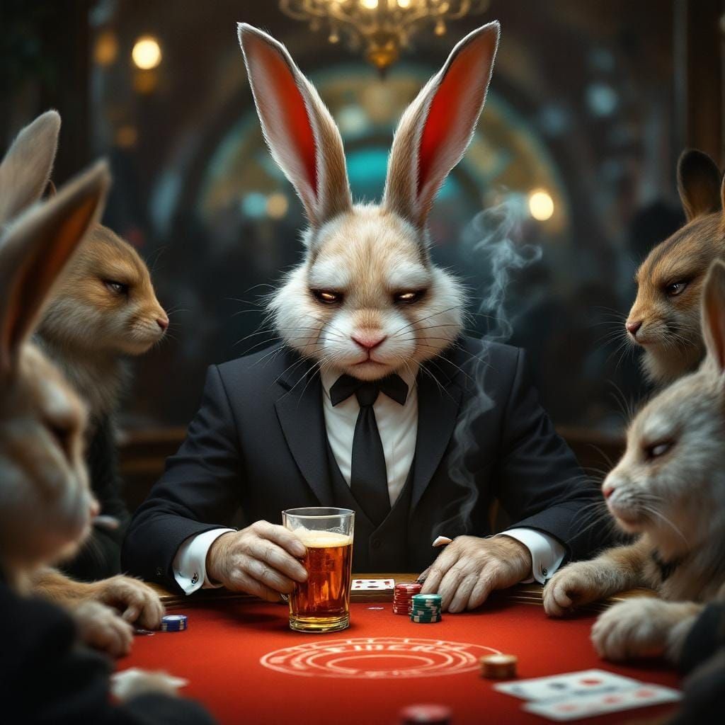 Rabbit Gambler in Artgerm, Rutkowski, and Mucha Style