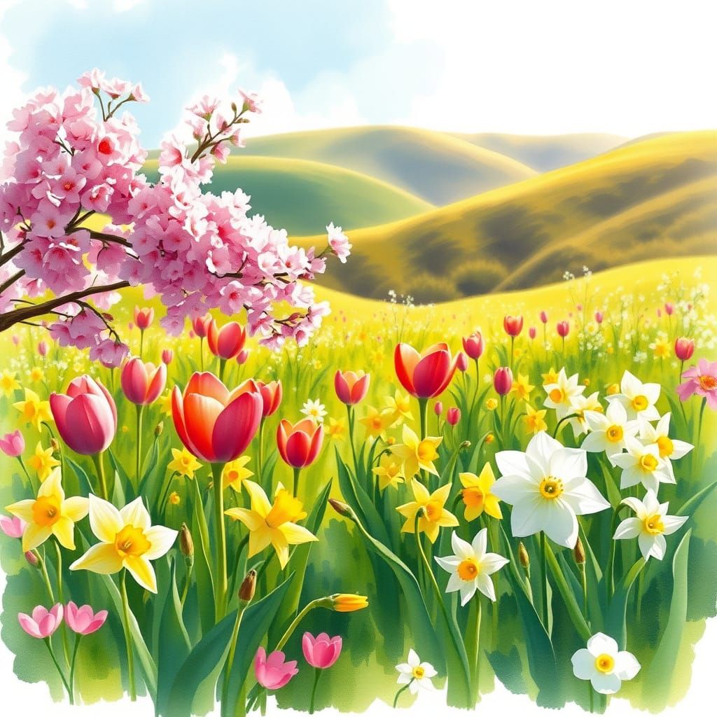 Early Spring Blooms in Vibrant Watercolor Style