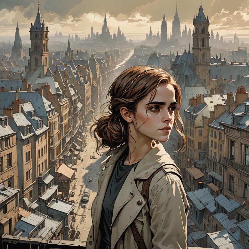 Young modern Emma Watson with flaxen Brown hair and Brown eyes in a Modern City