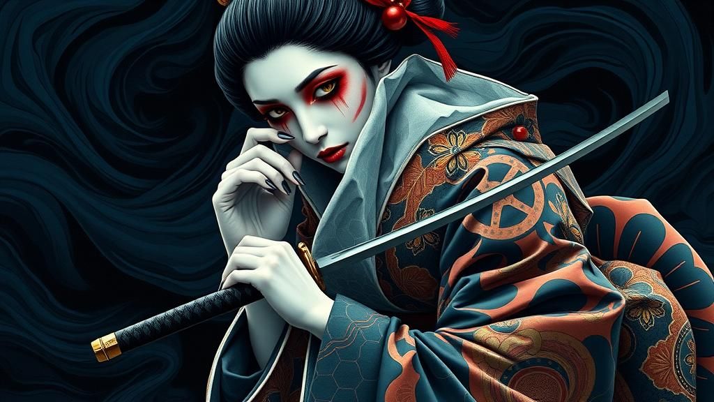 Surreal Geisha with Tanto Knife in Indigo Hues
