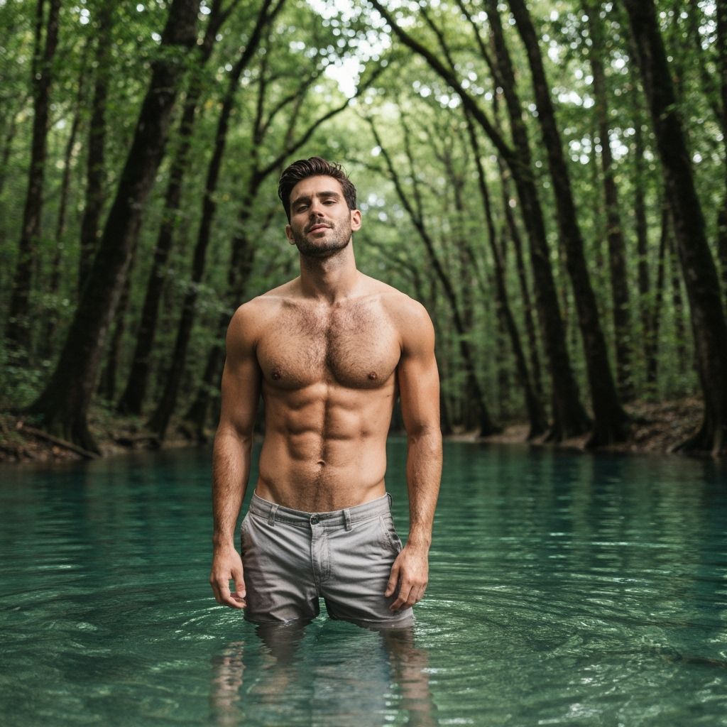 Realistic Portrait of a Man in Forest Pool