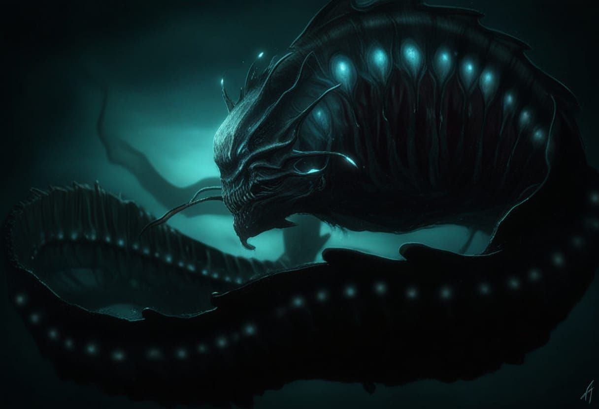 Diver's Escape: Gargantuan Serpent in Dark Fantasy Ocean