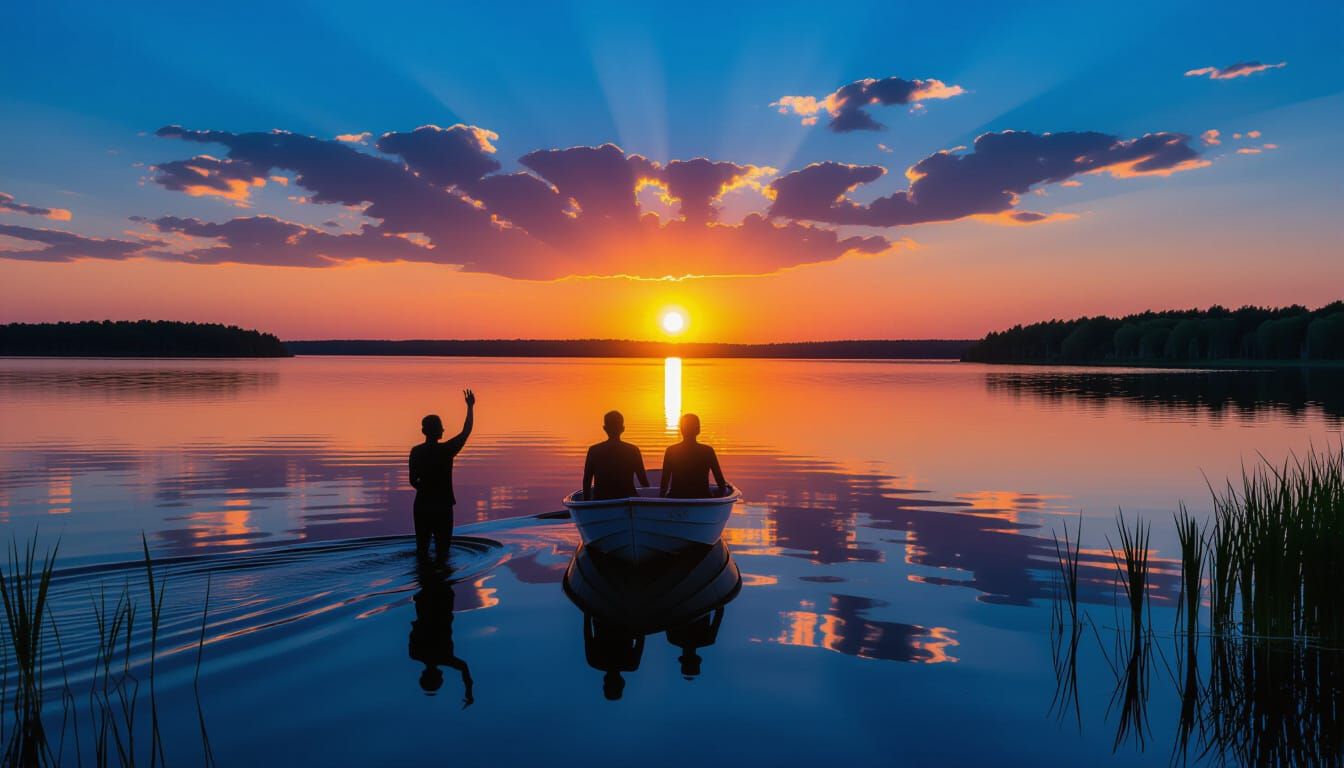 Surrealist Sunset Over Lake with Silhouettes