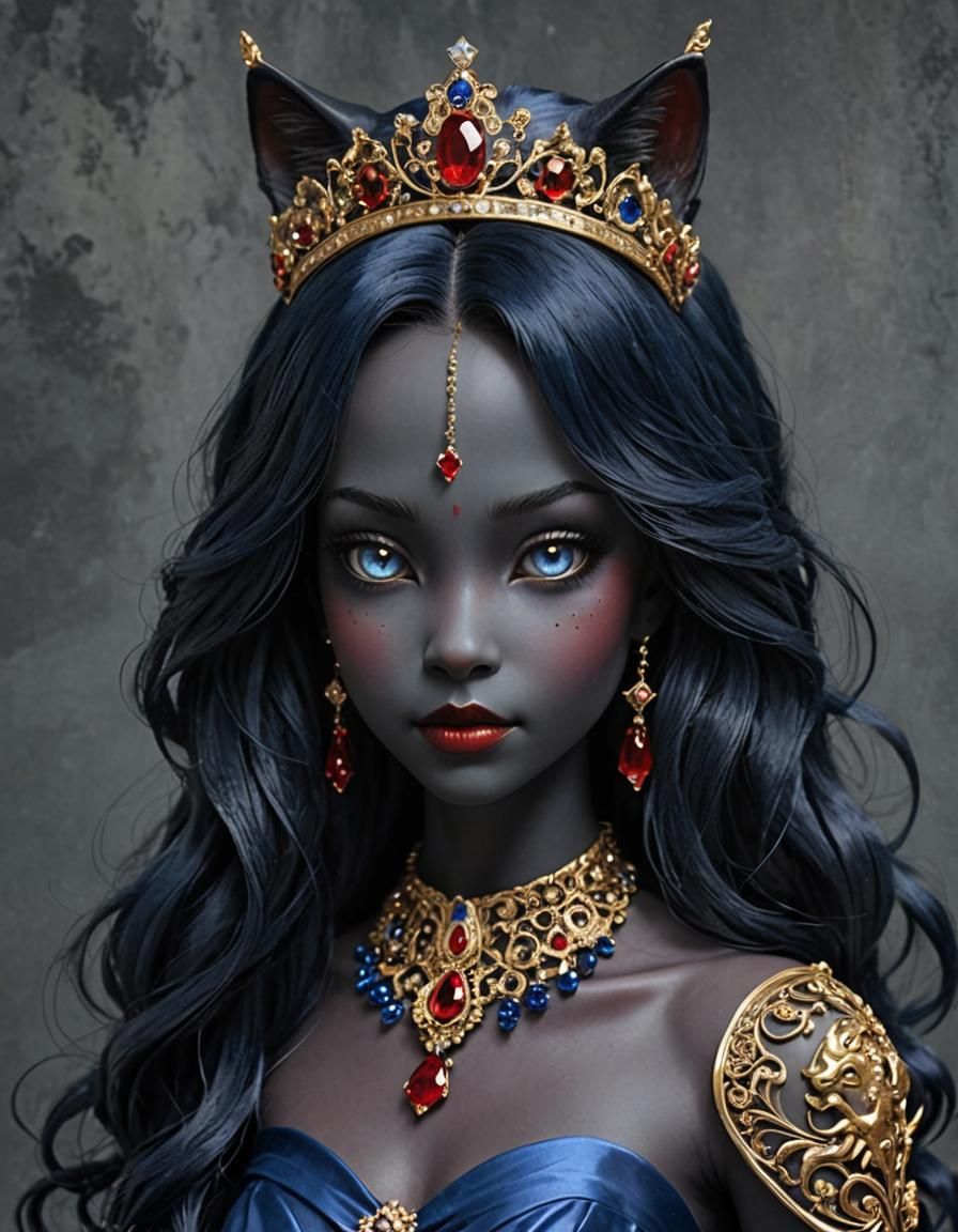 Elegant Cat-like Woman with Blue Hair in Gown