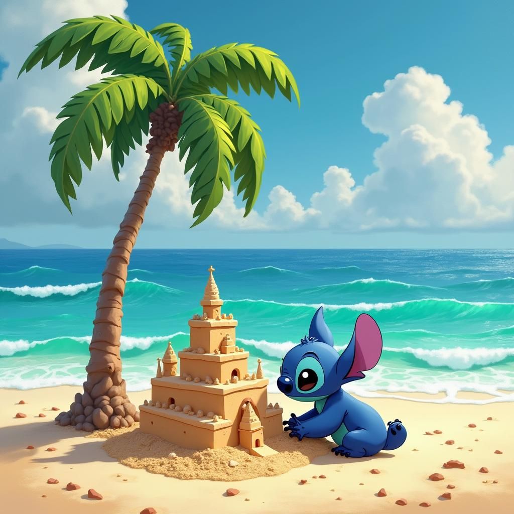 Stitch's Elaborate Sand Castle: High-Detail Matte Painting