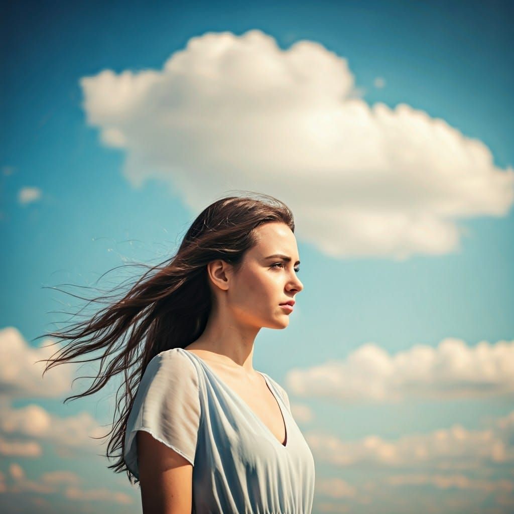 Melancholic Woman Under a Dreamy Sky