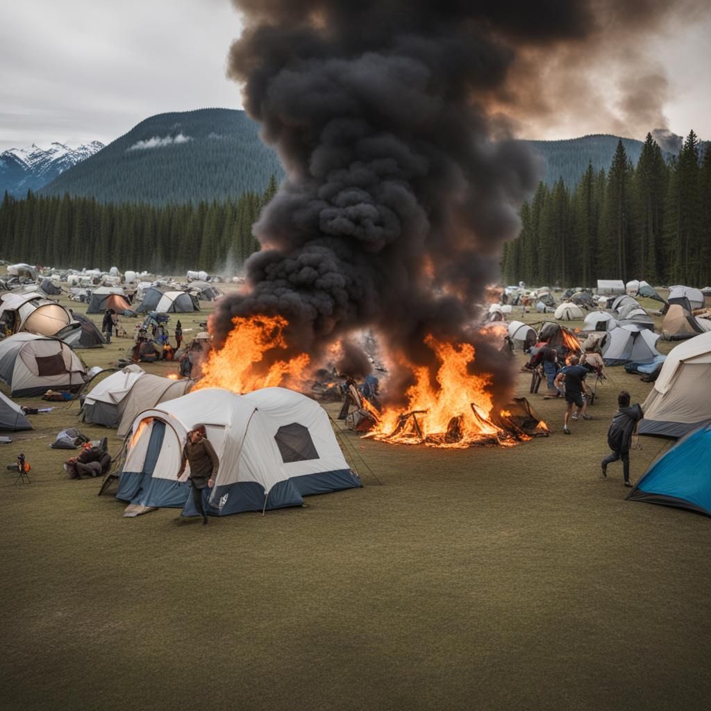 Campground Inferno: Tents Ablaze, People Running