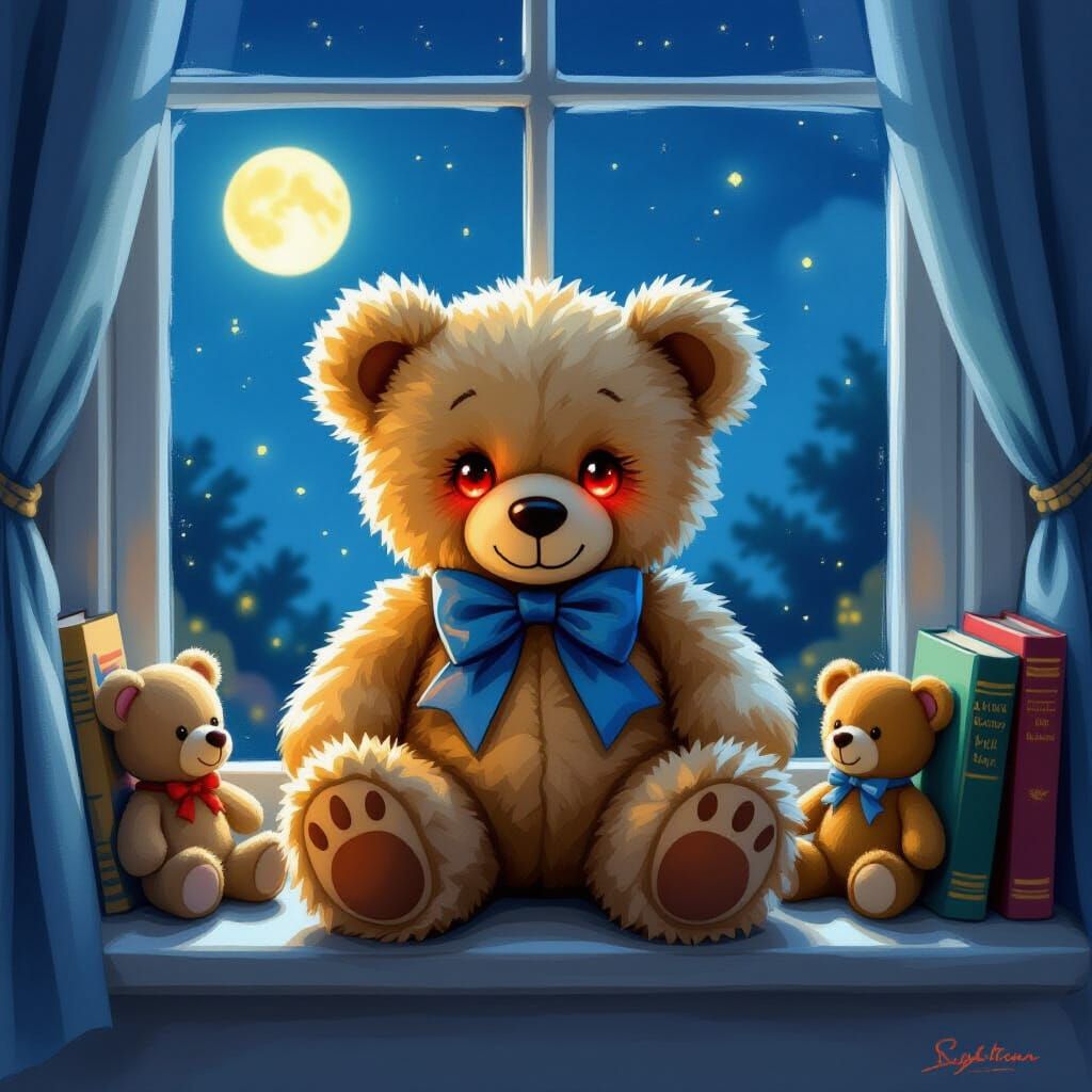 Teddy Bear with Glowing Red Eyes on Moonlit Windowsill