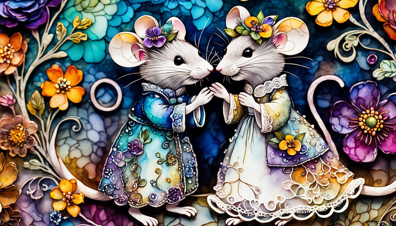 Mice Wedding Portrait in Alcohol Ink Style