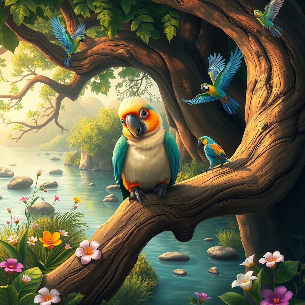 Adorable Baby Lory Sits on Ancient Tree Branch in Whimsical ...