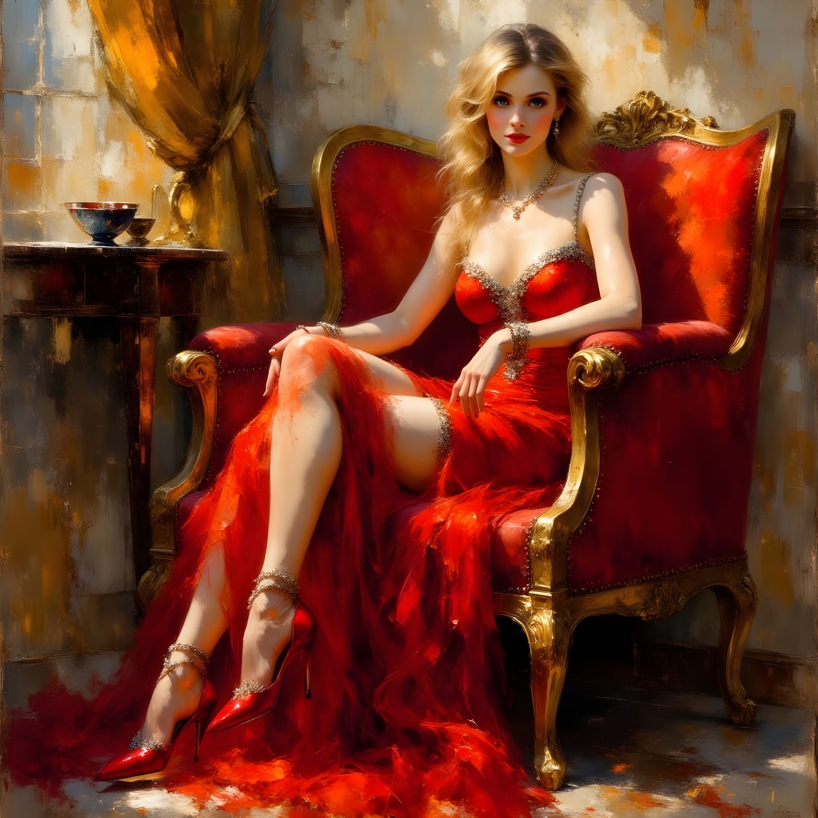 Elegant Blonde in Crimson Dress, Impasto Fantasy Painting