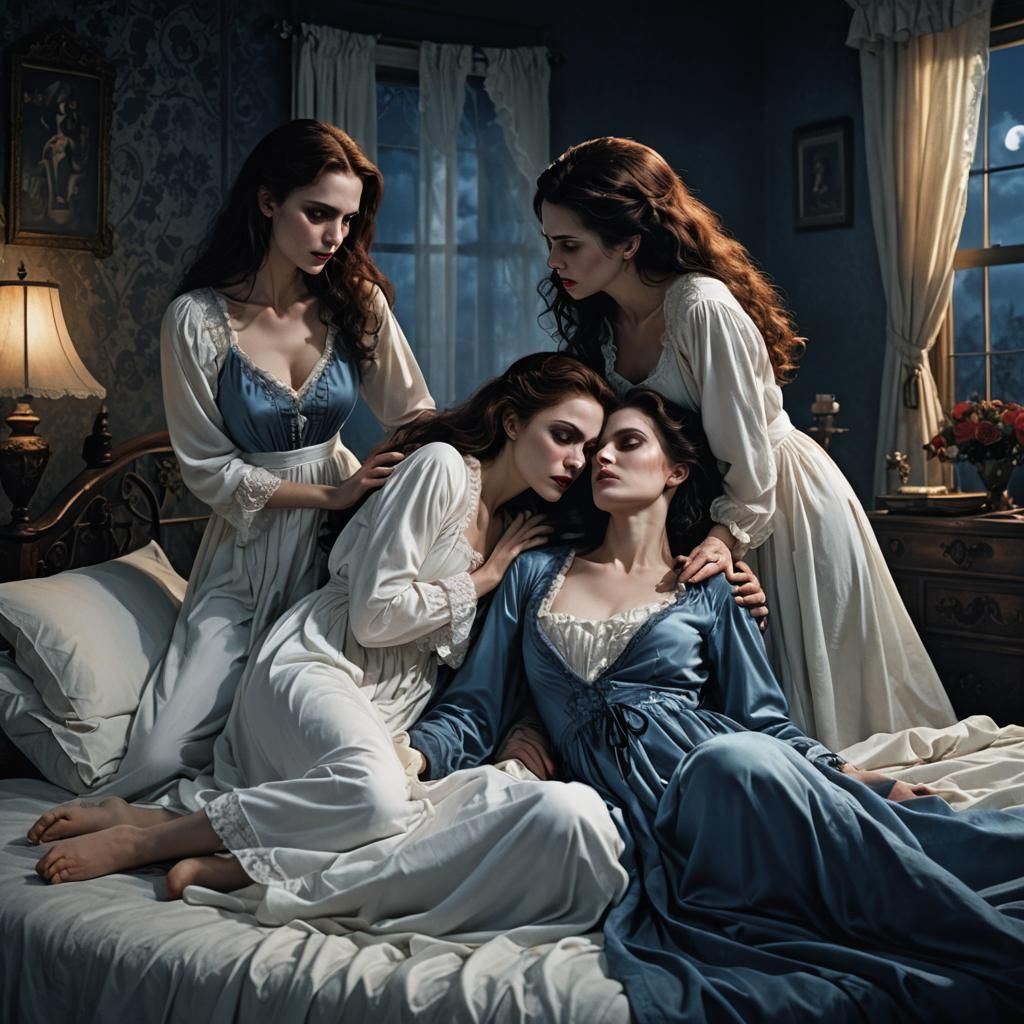 Vampires and Maiden in Moonlit Bedroom