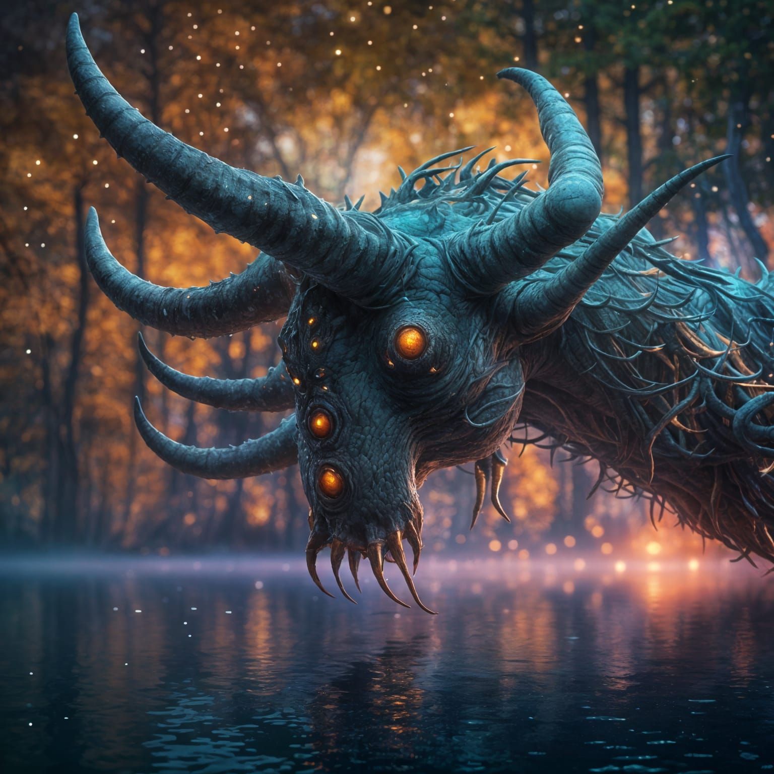Surreal Horned Creature Floating Over Lake at Night