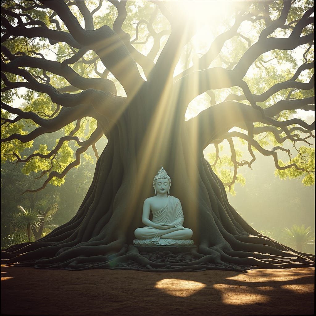 Serene Buddha Meditating in Radiant Garden, Cinematic Style