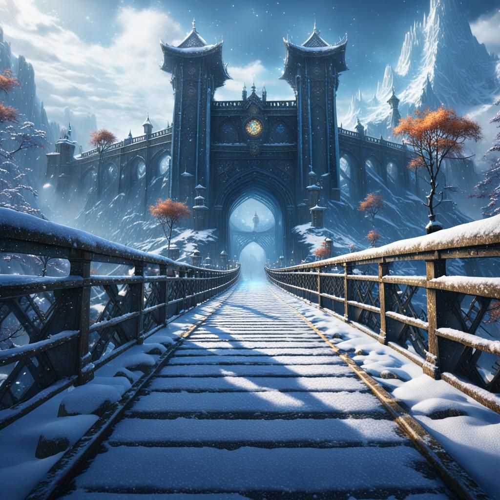 Blizzard Engulfs Bridge in Detailed Fantasy Art