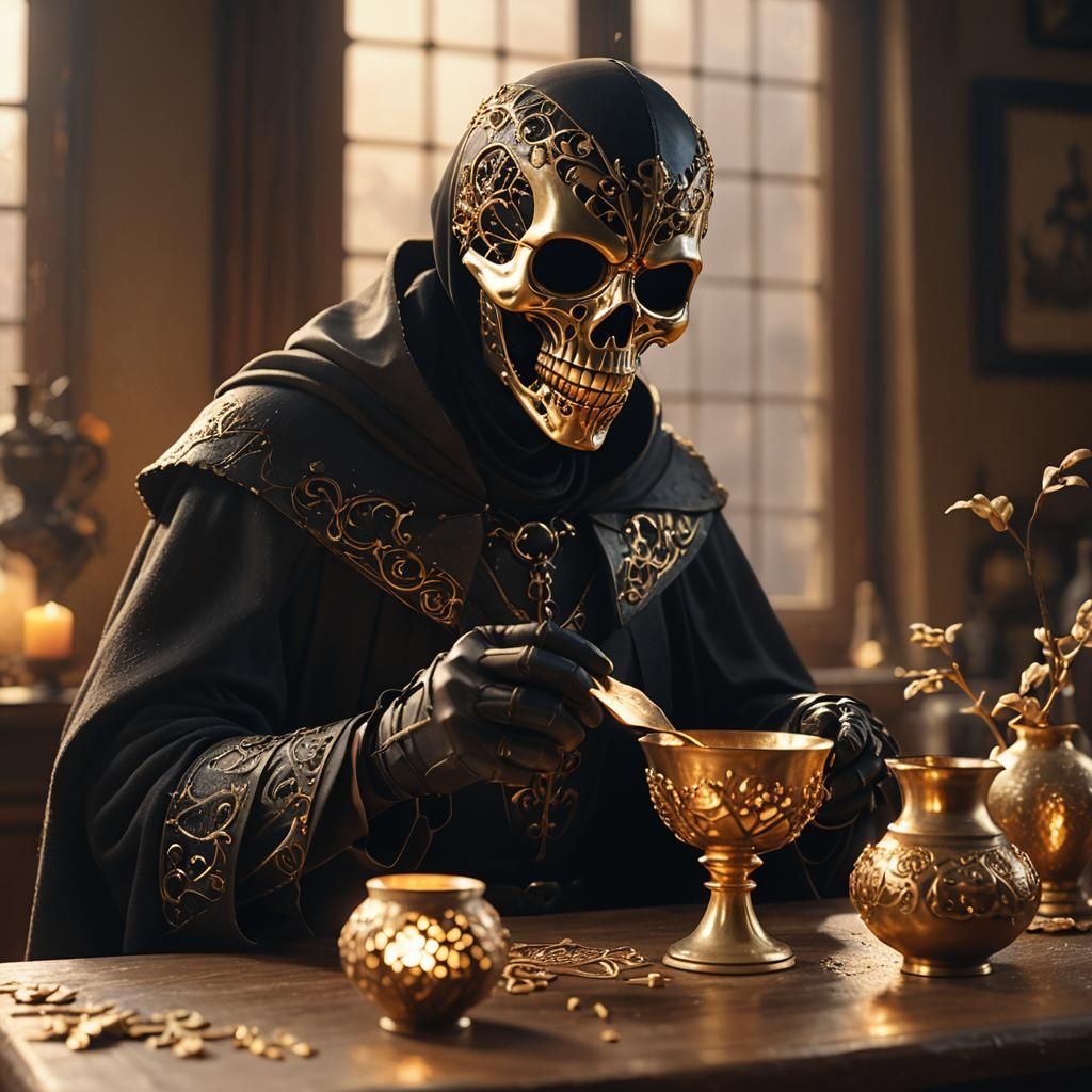 Kintsugi Repair by Skeletal Figure in Pixar Style